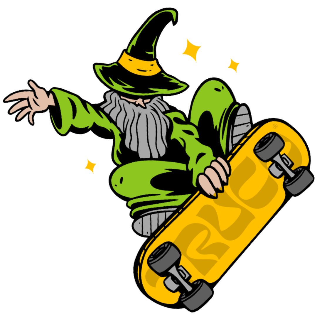 Cartoon character in a green outfit with a yellow skateboard on a white background